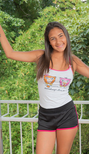 18 year old cutie Christine Paradise pulling denim shorts aside